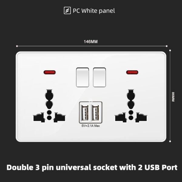 double 3 pin universal socket with usb